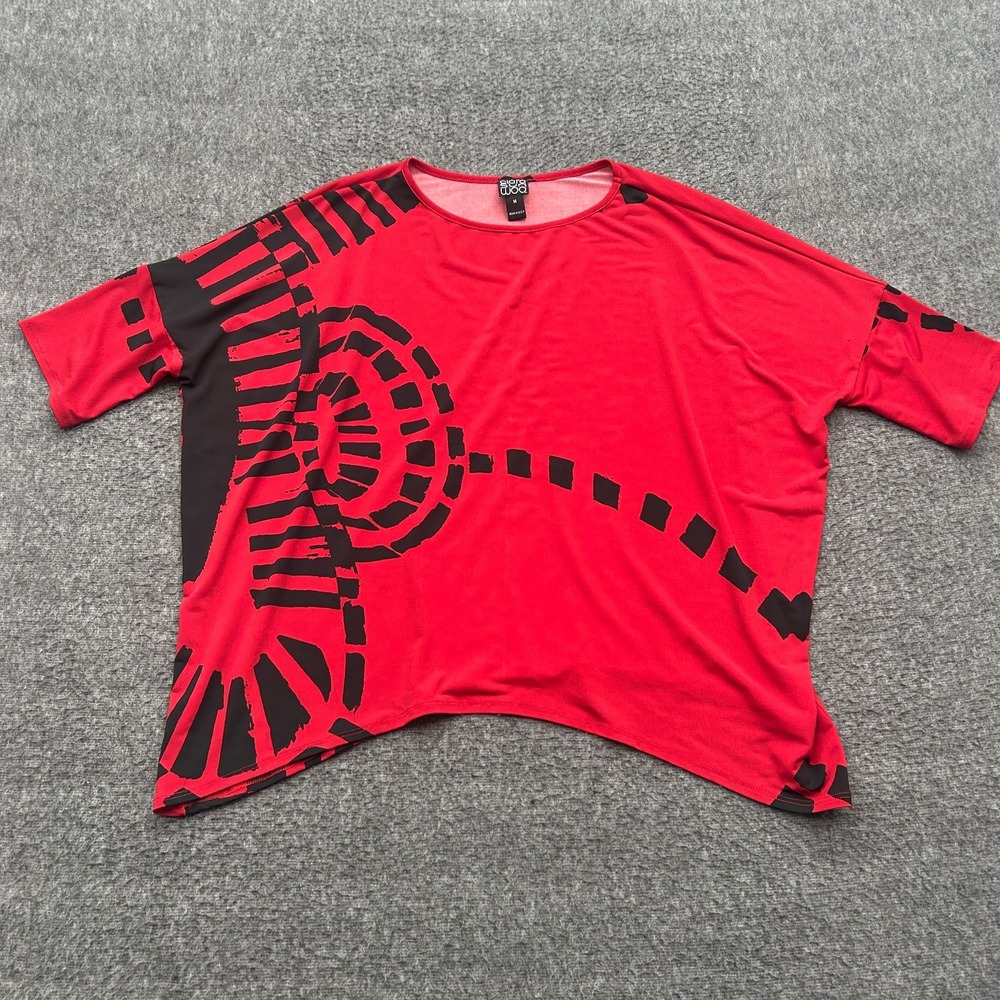 Clara Sunwoo Red Black Abstract Geometric Asymmetric Flowy Dolman Blouse Top M